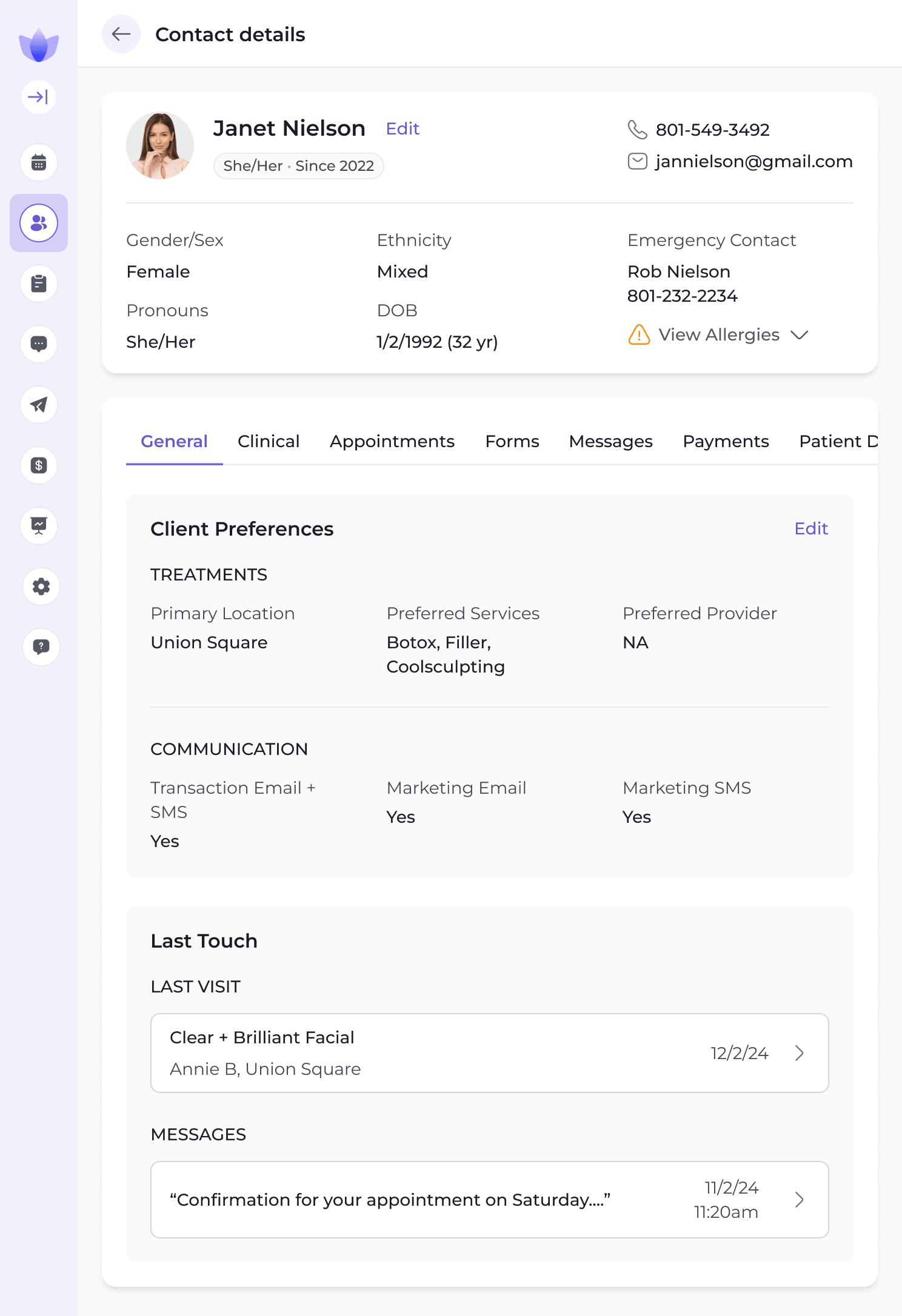Reviva client detail view showing appointments, history, memberships, messages, and treatment notes