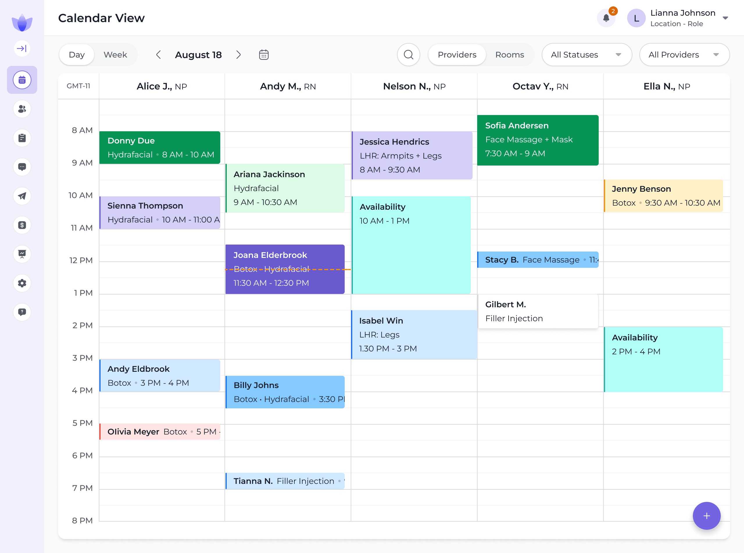 Reviva scheduling dashboard showing a weekly calendar view with color-coded appointments