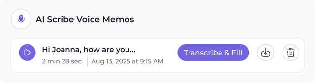 AI Scribe Voice Memos panel with transcribe action