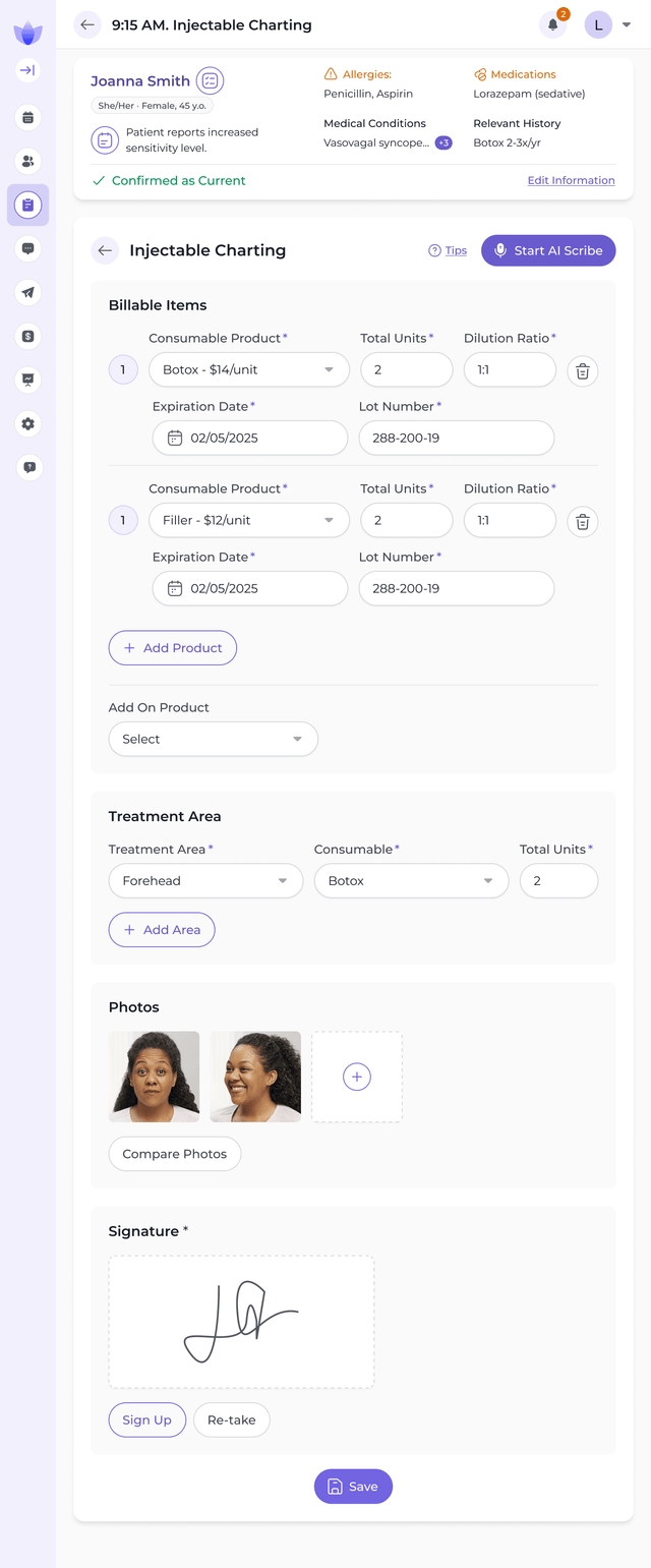Injectable charting form with billable items, treatment area, photos, and signature