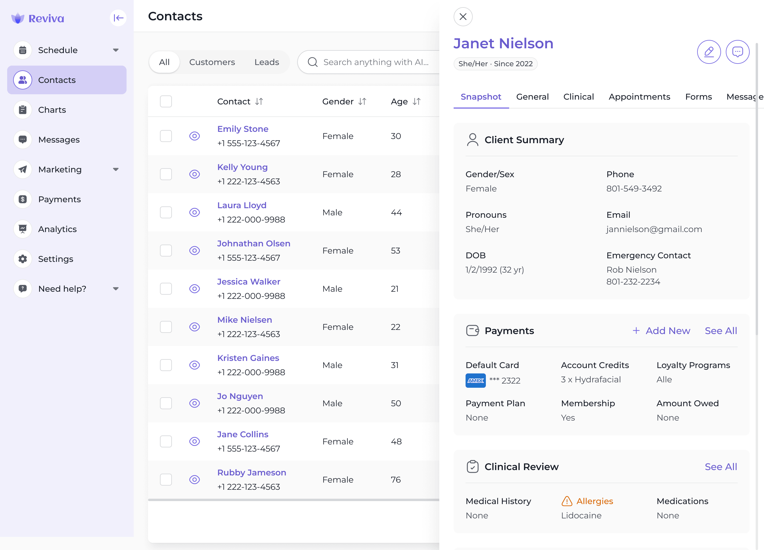 Reviva contacts panel showing client details and quick actions