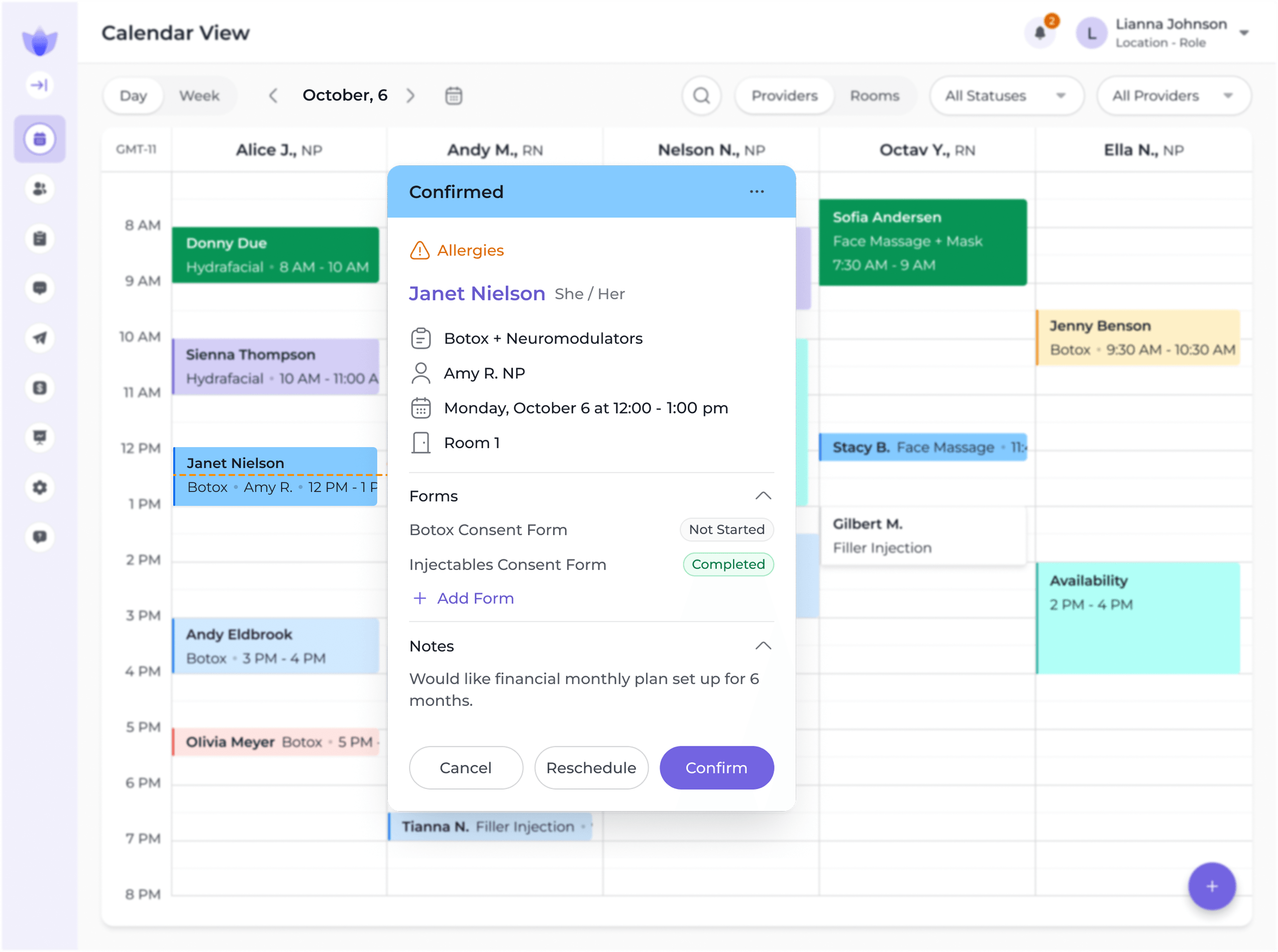 Reviva calendar view with weekly appointments by provider