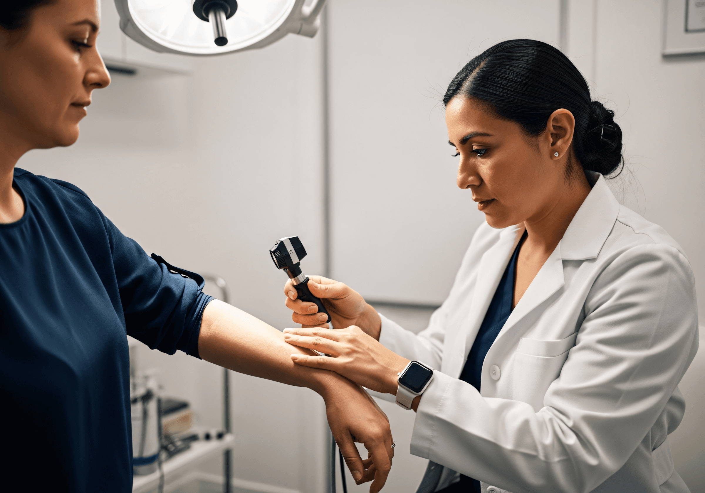 A dermatologist examining a patient's skin with a dermatoscope, using Reviva software for aesthetics and dermatology practices